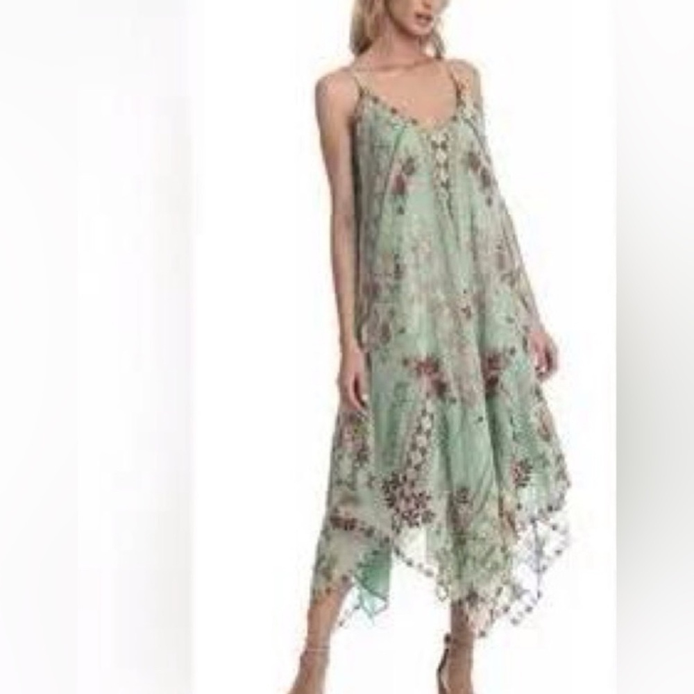 Tolani Sage Green with Pink and Orange accents Asymmetrical Sundress #24